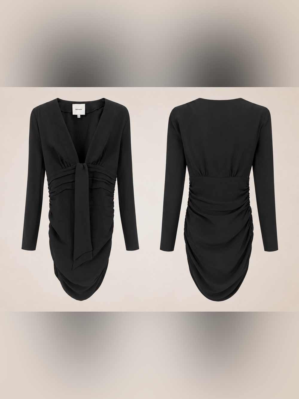 Reformation Black Long-Sleeve Tie-Front Ruched Dress